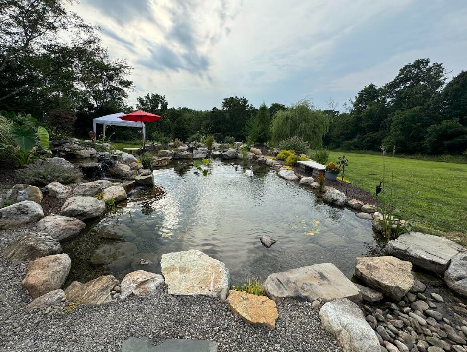 Twelve LED lights illuminating the Recreational Pond and waterfall at dusk