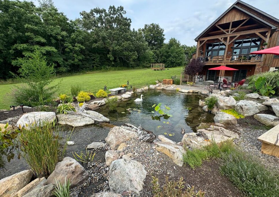 Waterfall and wetland filtration area of the Recreational Pond with lily pads and native plantings