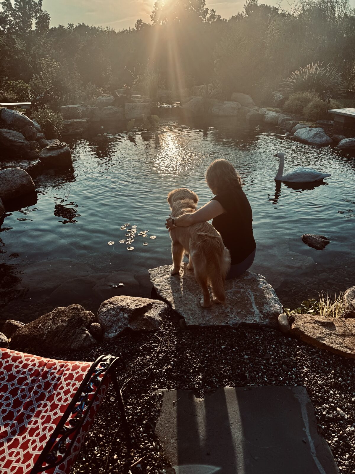Dixie and her golden retriever relaxing at the edge of their Recreational Pond at sunset in Warwick, NY