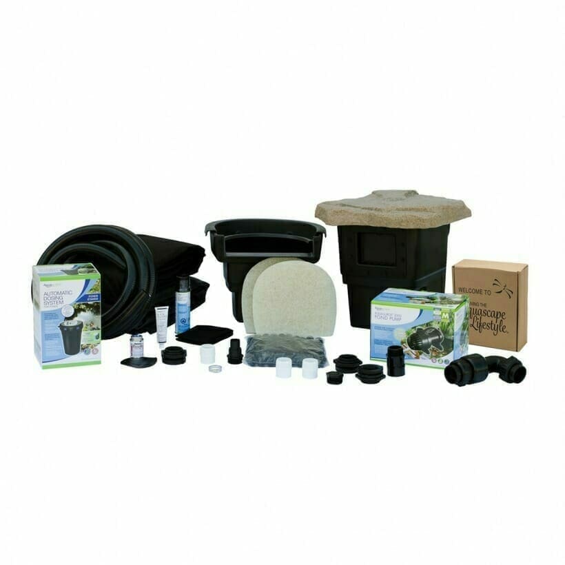Mini pond kit with pump and filtration set up on a patio