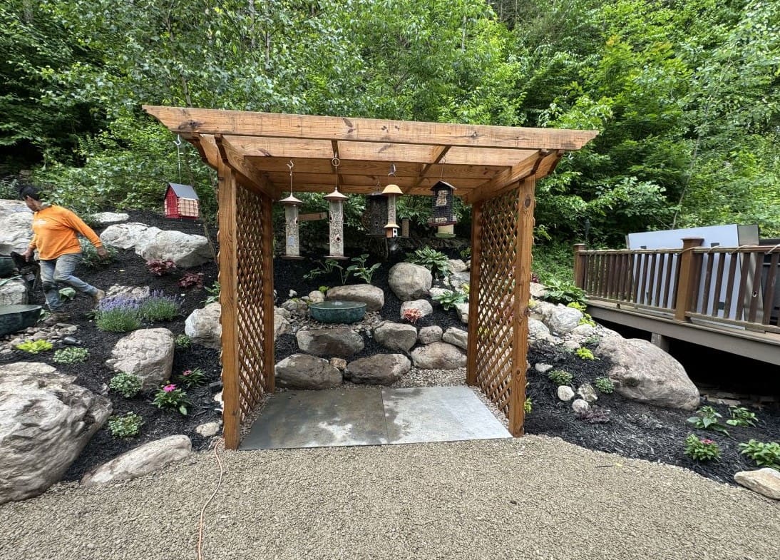 Wildlife friendly water garden planted to attract birds and butterflies